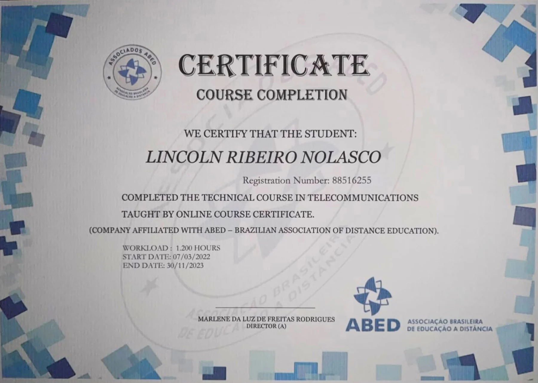 Certificate of course completion in telecommunications, 1,200 hours, issued by ABED
