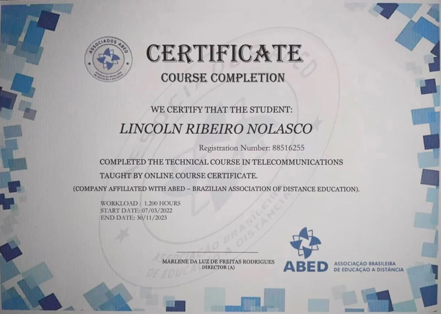 Certificate of course completion in telecommunications, 1,200 hours, issued by ABED