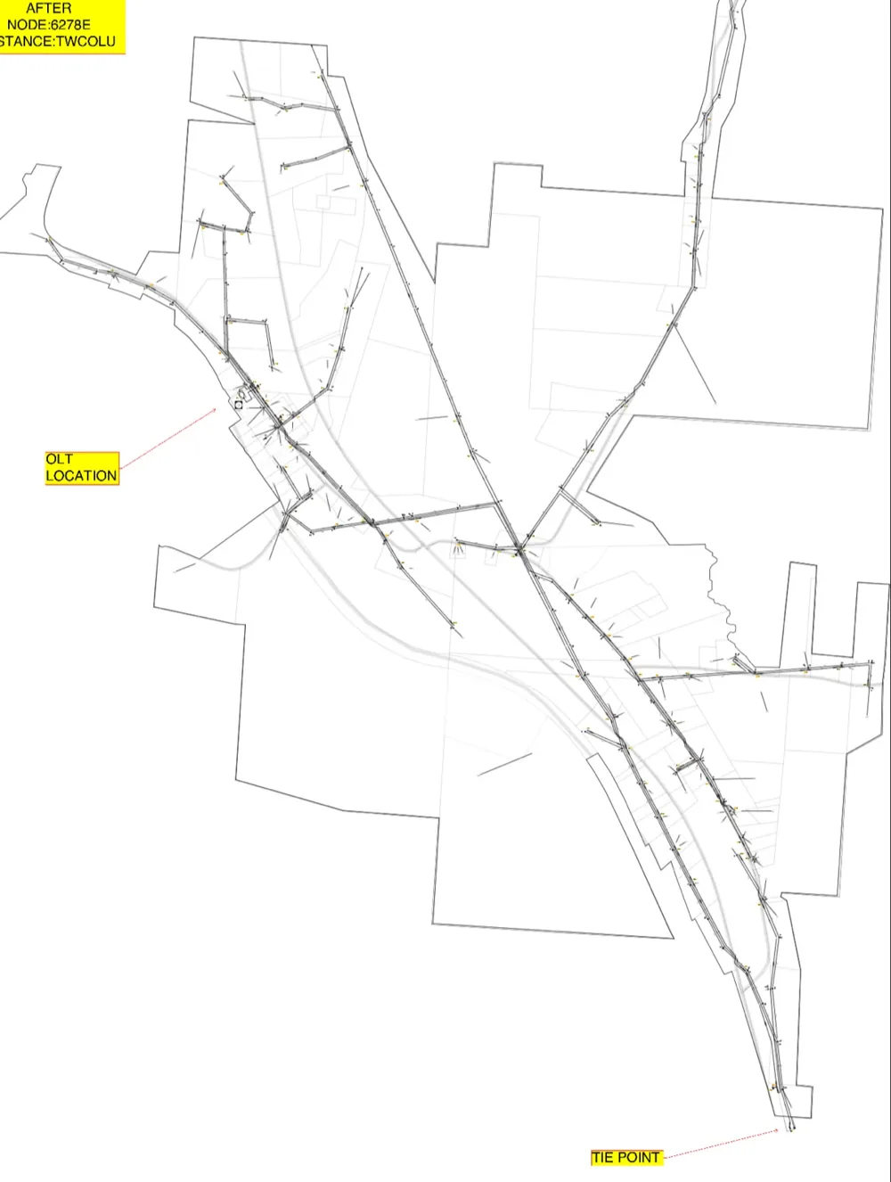 Fiber network route map with OLT location and tie point marked