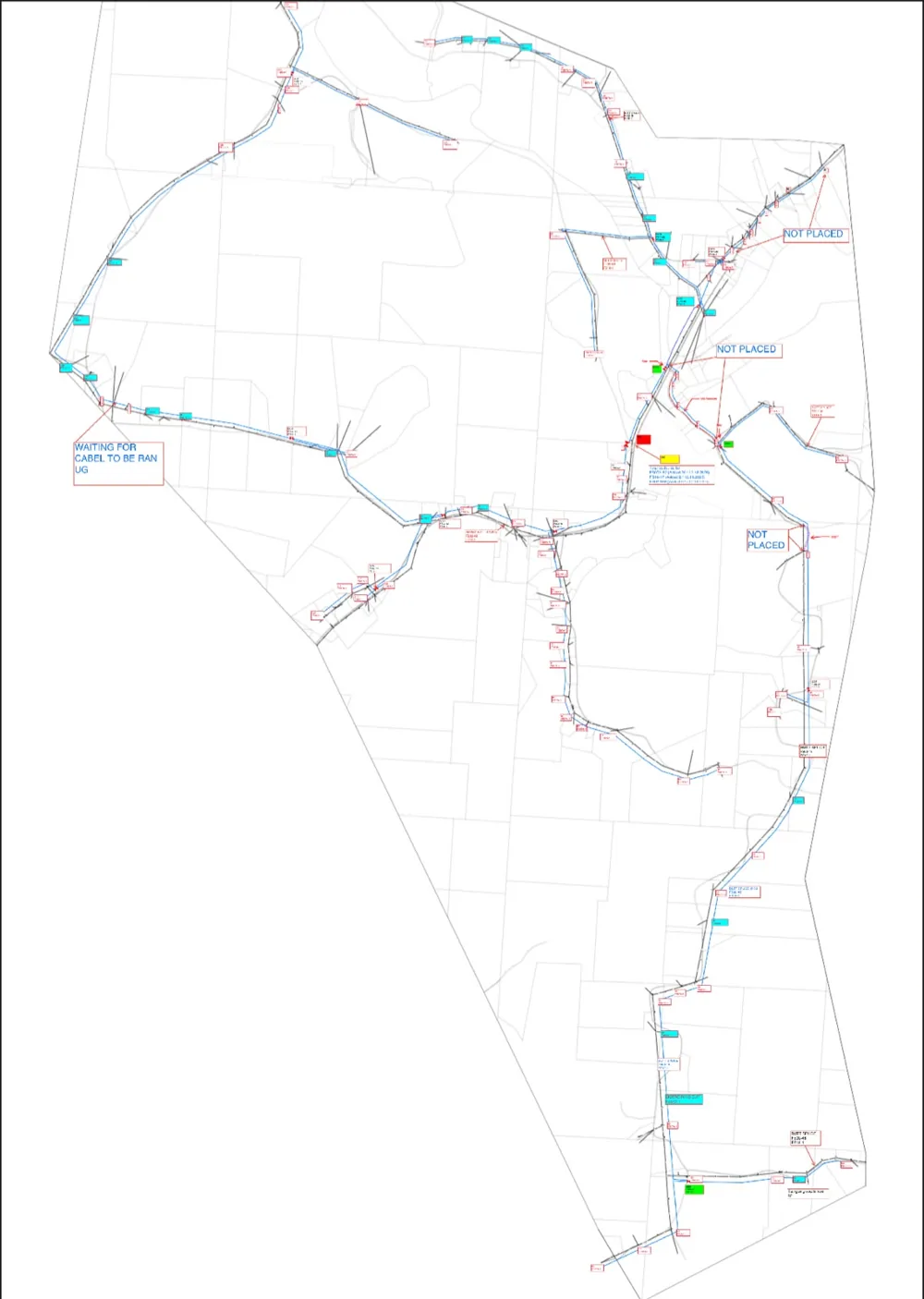 Fiber network design map with route segments and notes
