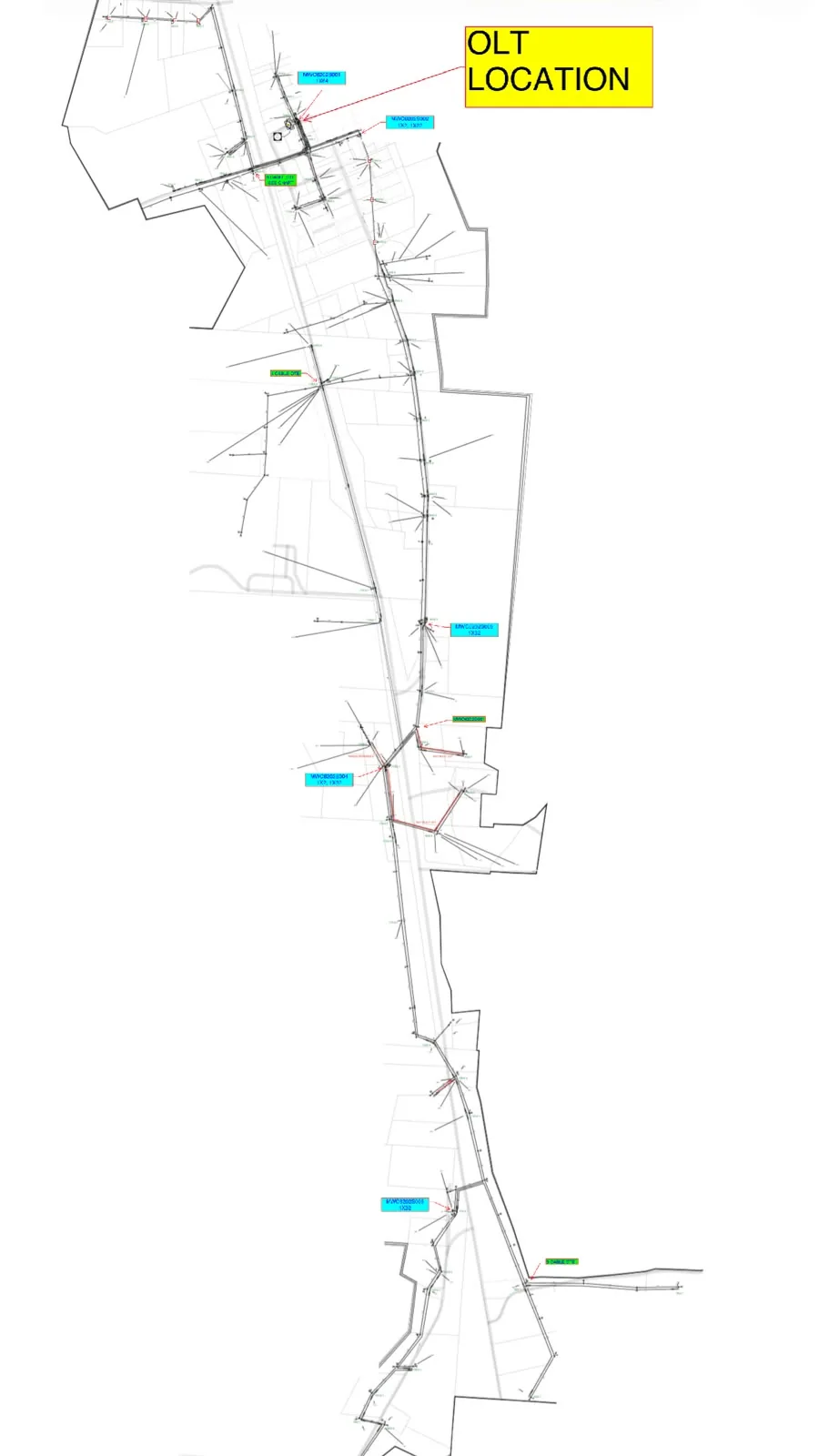 Long linear fiber route map with OLT location marked