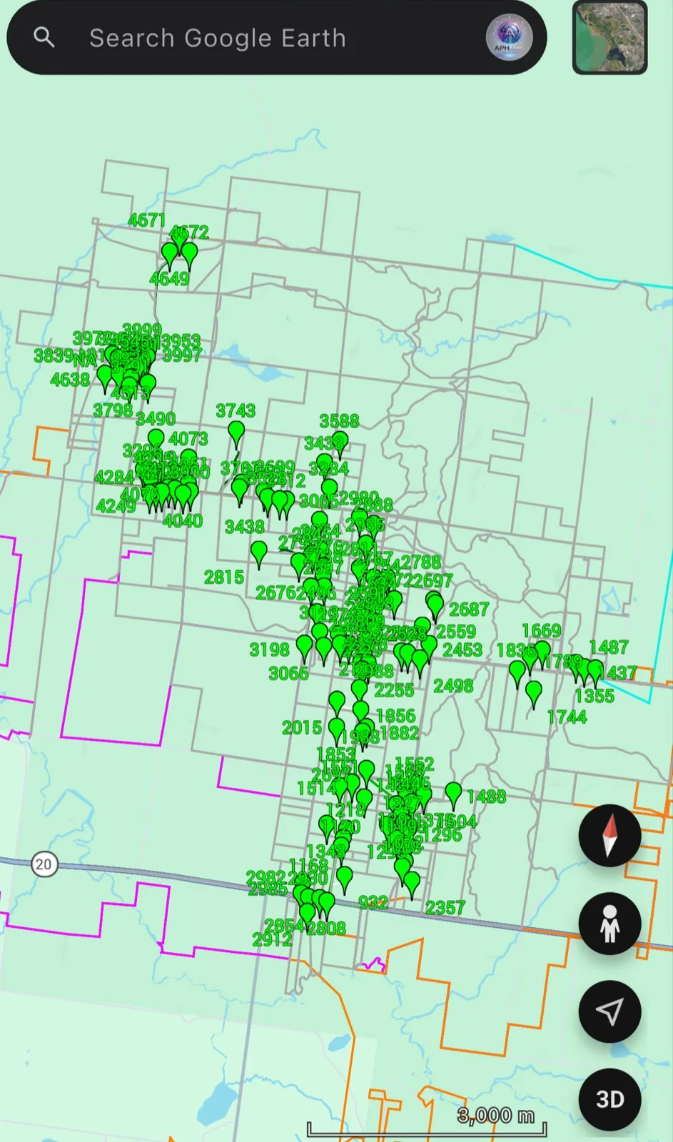 Google Earth view with numbered fiber markers over a service area