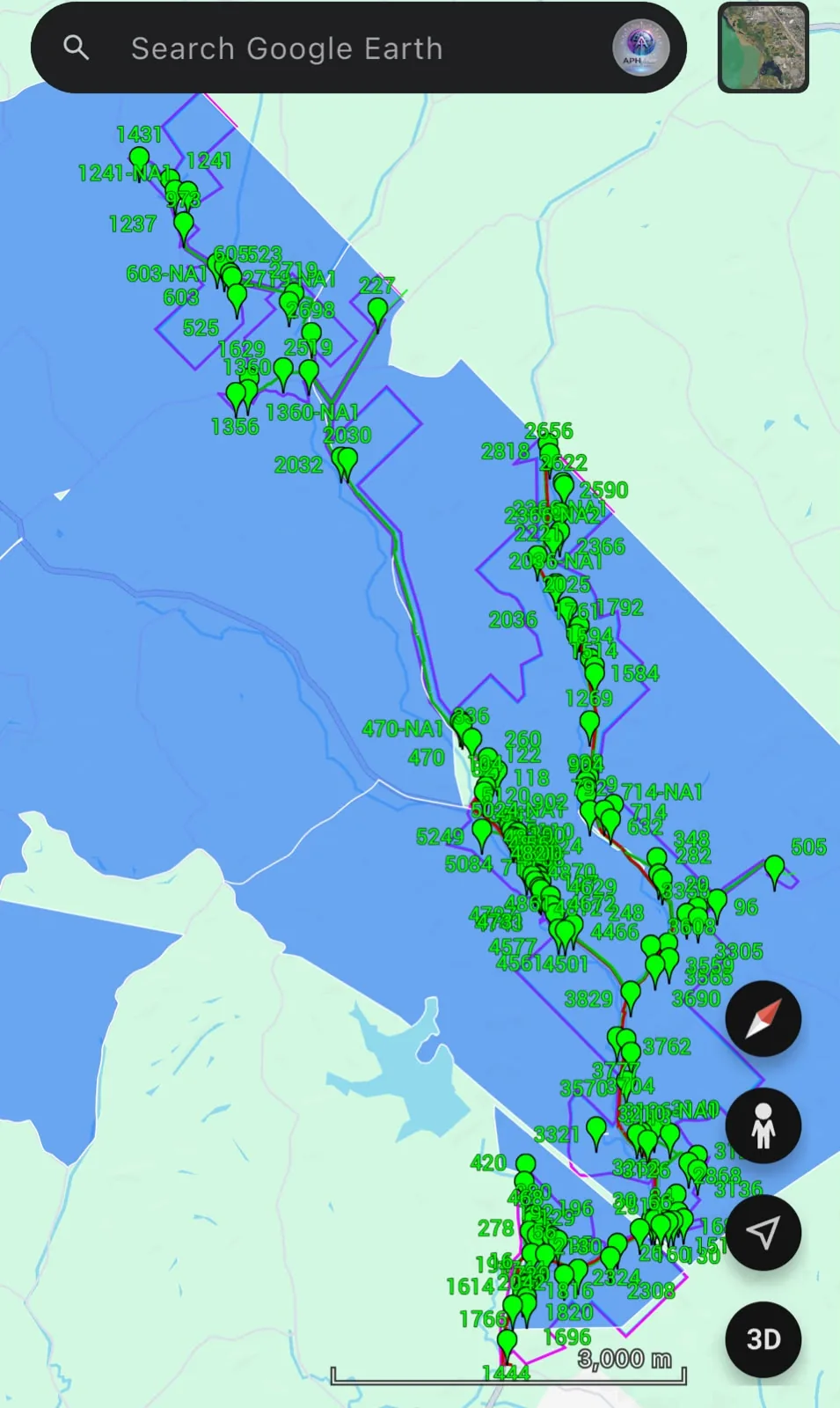 Google Earth view with numbered fiber markers along a service boundary