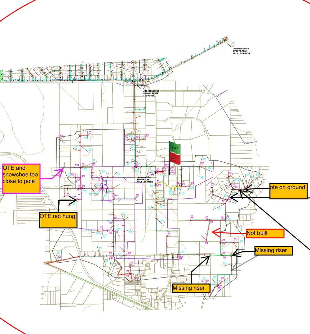 Fiber network map with field audit notes such as missing riser and not built