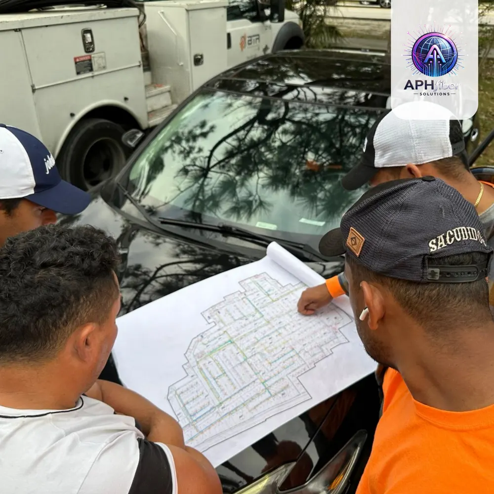 APH Fiber crew reviewing a fiber network map on a truck hood
