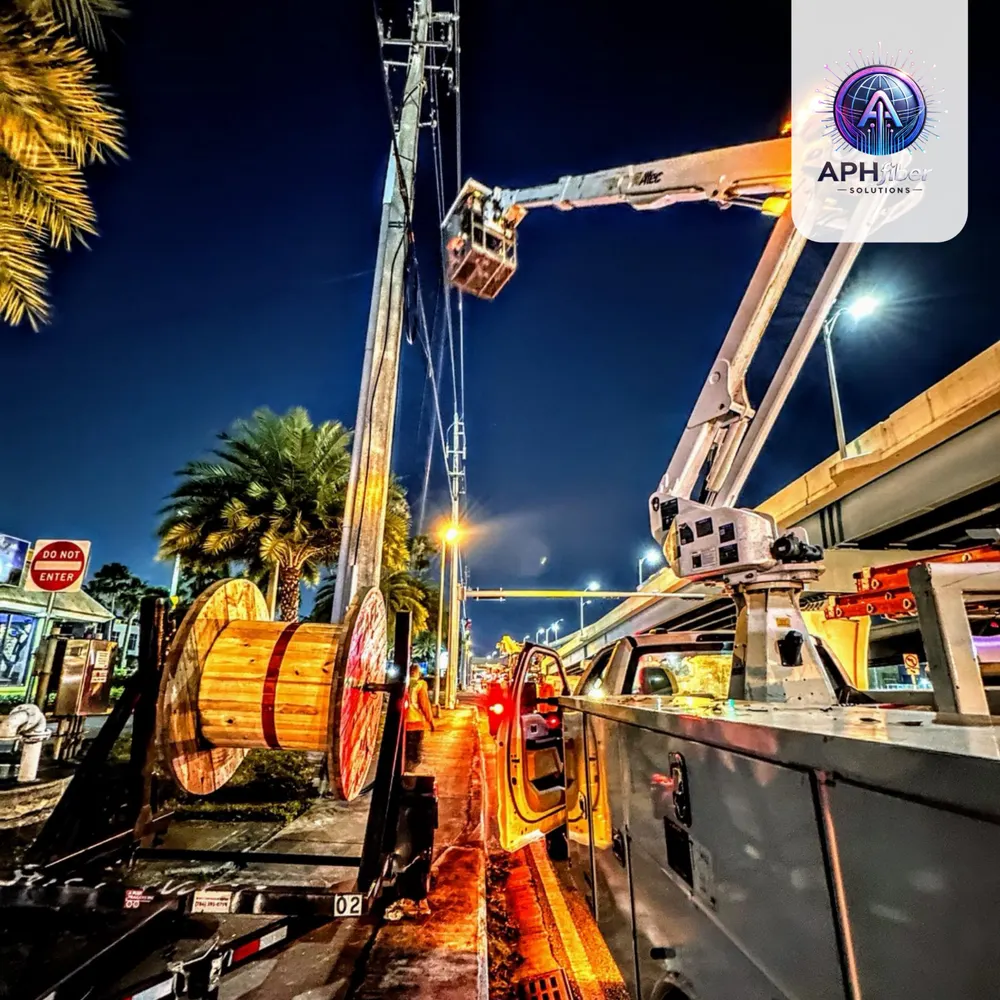 Bucket truck and cable reel beside a utility pole at night
