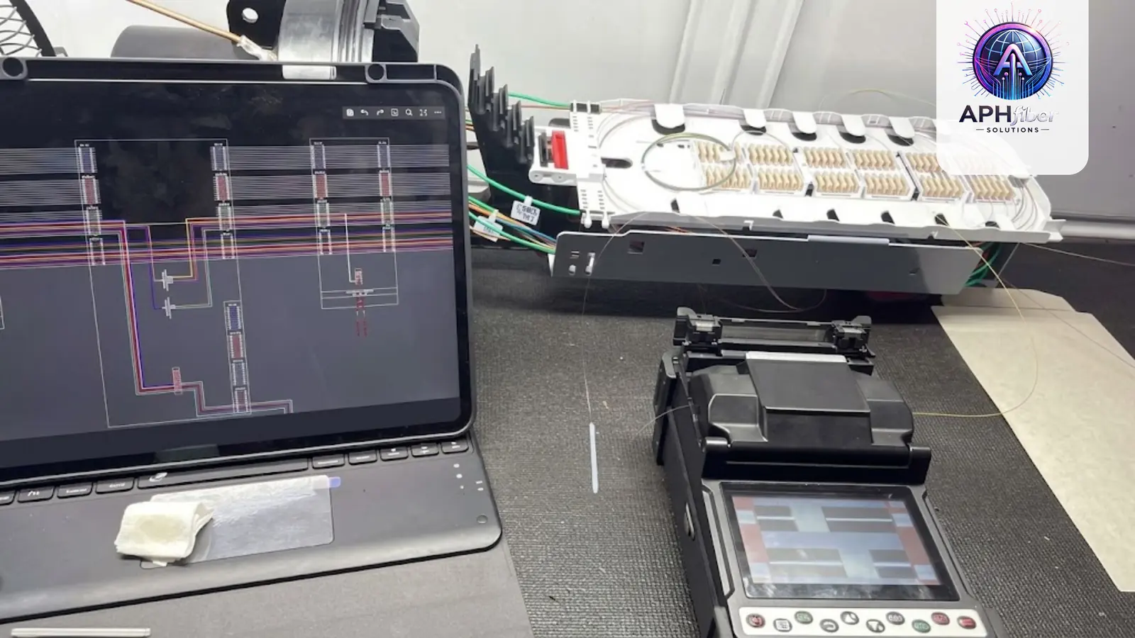 Fusion splicer, laptop with a network drawing and an open splice tray